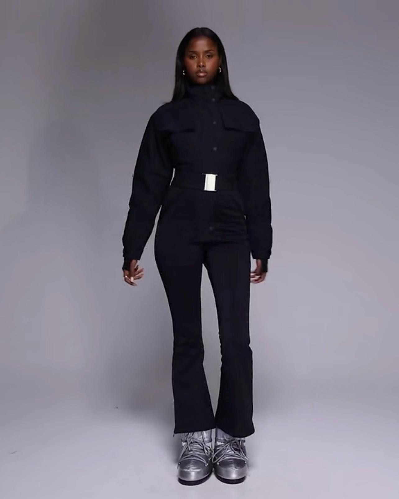 Ski funnel neck kick flare belted ski suit in black #ski 

#LTKootd #LTKTravel #LTKActive