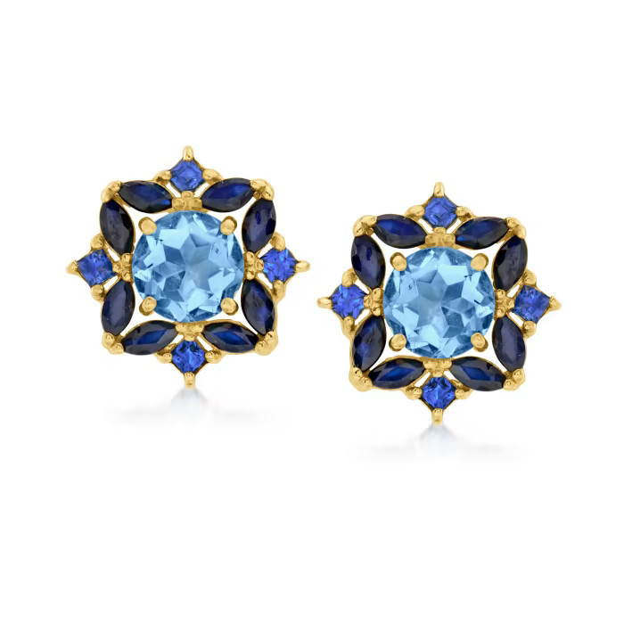 3.10 ct. t.w. Sky Blue Topaz and 2.00 ct. t.w. Sapphire Earrings in 18kt Gold Over Sterling | Ross-Simons