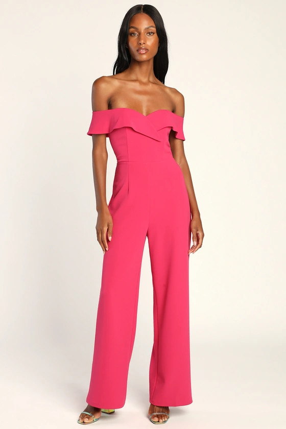 Love Me Tomorrow Hot Pink Off-the-Shoulder Wide-Leg Jumpsuit | Lulus (US)
