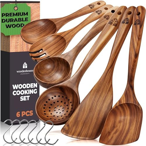 Wooden Spoons for Cooking – 6 Pcs Premium Teak Wooden Utensil Set with Hooks - Durable, Nonstick Safe, Easy to Clean & Heat Resistant with Ergonomic Handles | Amazon (US)
