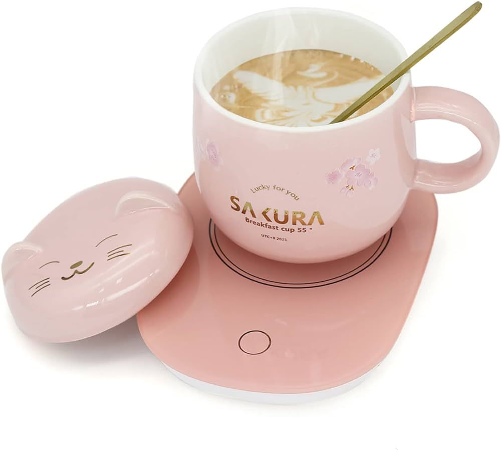 Coffee Warmer with Mug Set,Cute Cat Mug Set Beverage Cup Warmer for Desk Kawaii Mug Birthday Gift... | Amazon (US)