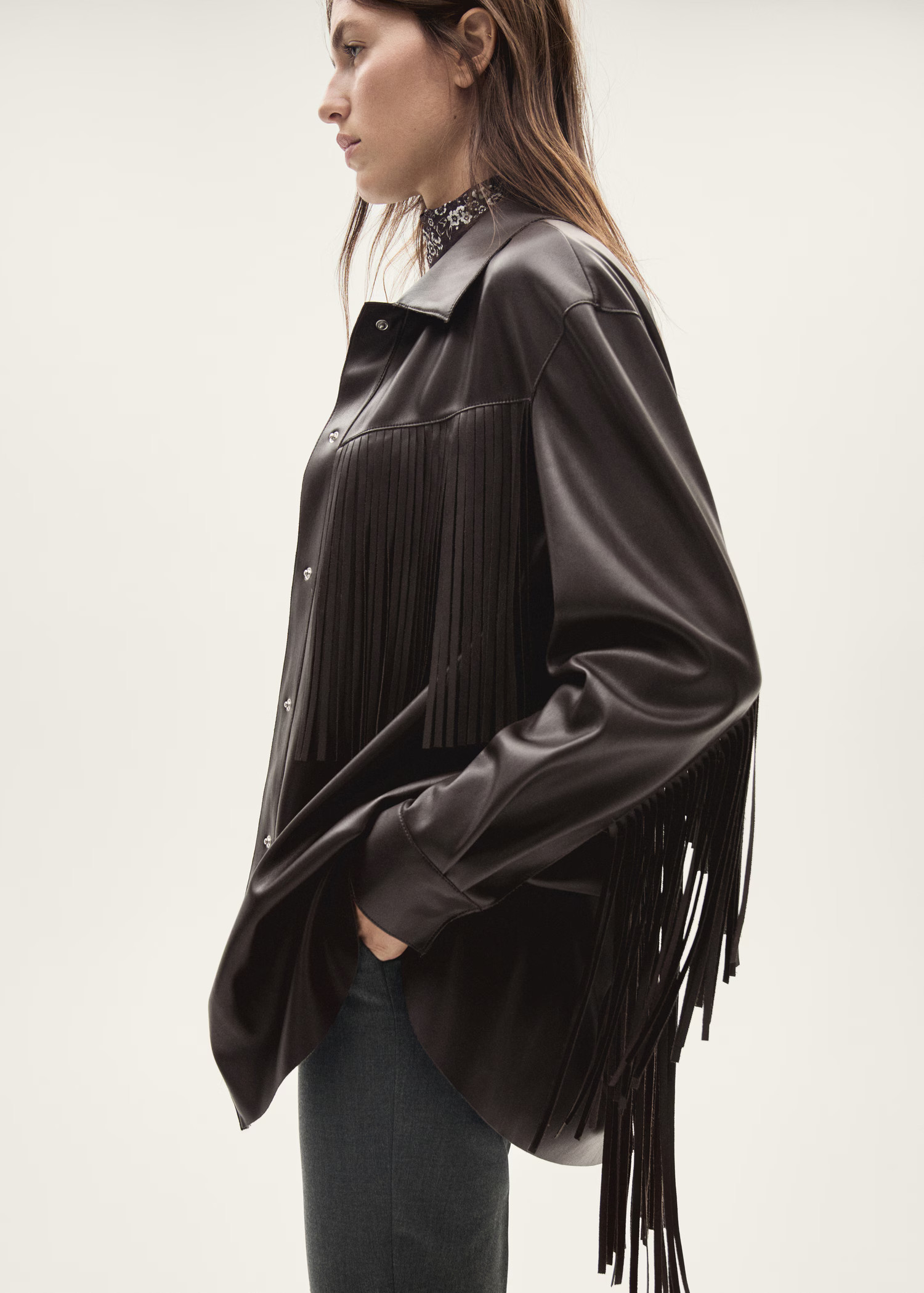Leather effect fringe overshirt - Women | MANGO USA | Mango (US/MX/AU)