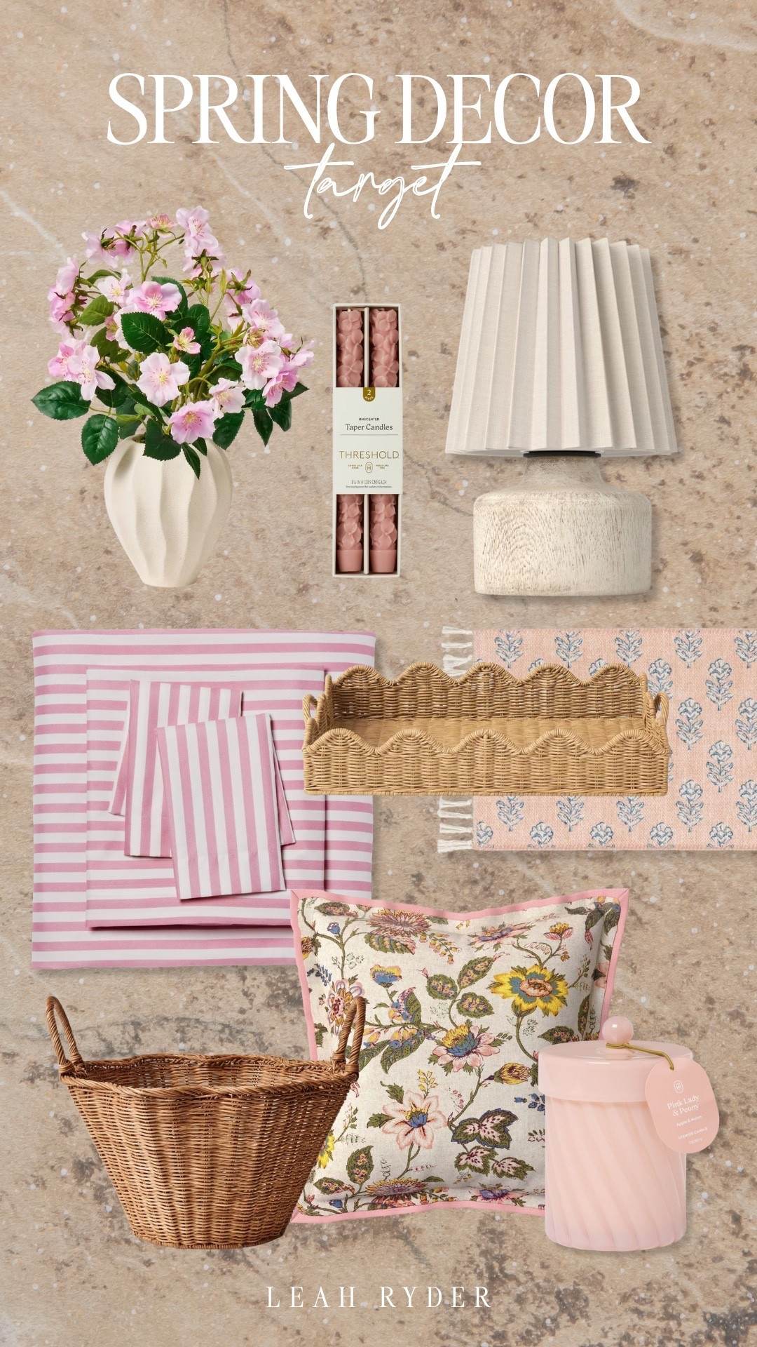 Target spring decor featuring soft florals, woven textures, and light neutral accents for seasonal home refreshes. This spring home decor edit includes vases, table linens, candles, baskets, and decorative pillows. These Target spring decor finds work for living rooms, entryways, dining tables, and shelves. Affordable spring decorating ideas from Target that add warmth, color, and texture to everyday spaces.

#LTKSeasonal #LTKHome