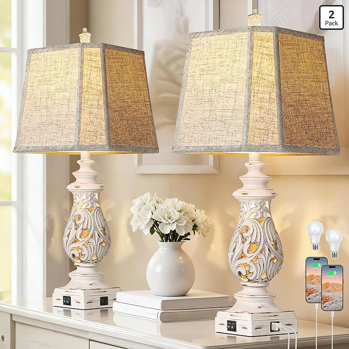 PARTPHONER 29" Table Lamps Set of 2, Bedside Lamps with USB A+C Ports & Night Light, Farmhouse Ni... | Amazon (US)
