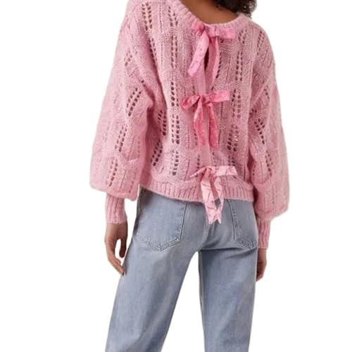 Women Cute Bow Knit Sweater Y2k Ribbon Bow Long Sleeve Knit Pullover Aesthetic Going Out Sweater Coquette Streetwear C Pink | Amazon (US)