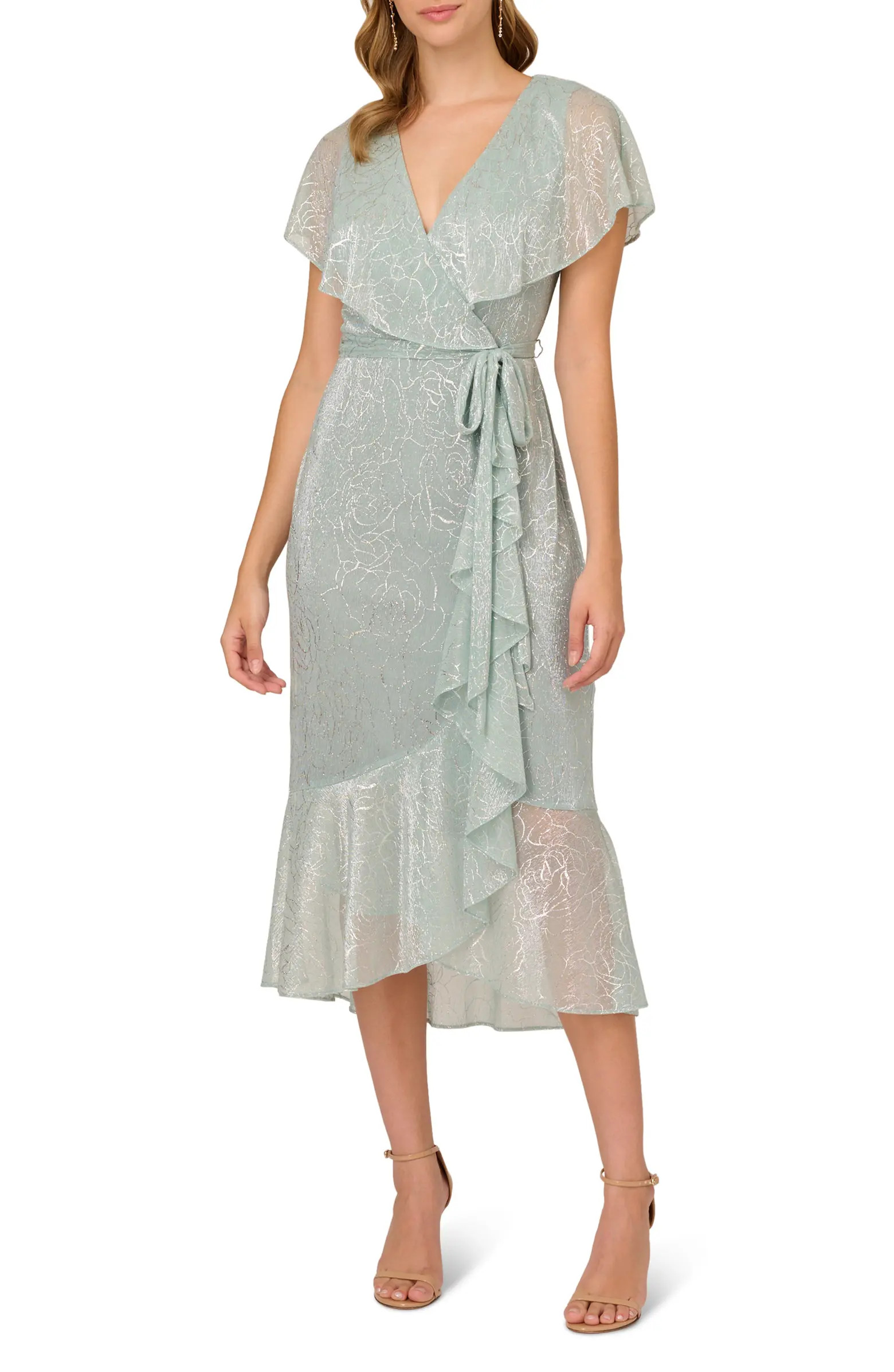 Adrianna Papell Metallic Flutter Sleeve Faux Wrap Dress | Nordstrom | Nordstrom