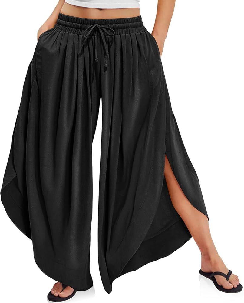 TARSE Womens Linen Wide Leg Split Skirt Pants Boho Loose Palazzo with Elastic Waist Drawstring 20... | Amazon (US)