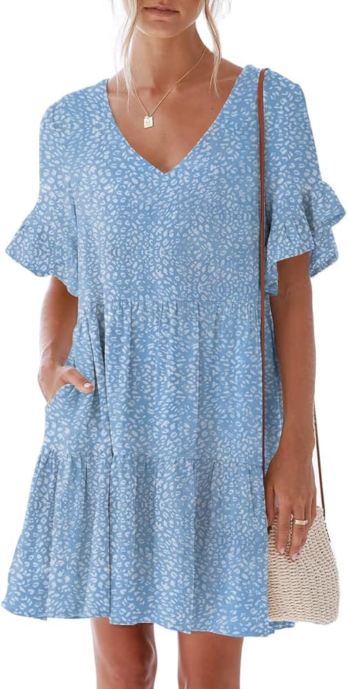 nclook Women's Summer Casual Dress Sweet & Cute V-Neck Mini Dress with Pocket Short Sleevele Ruff... | Amazon (US)