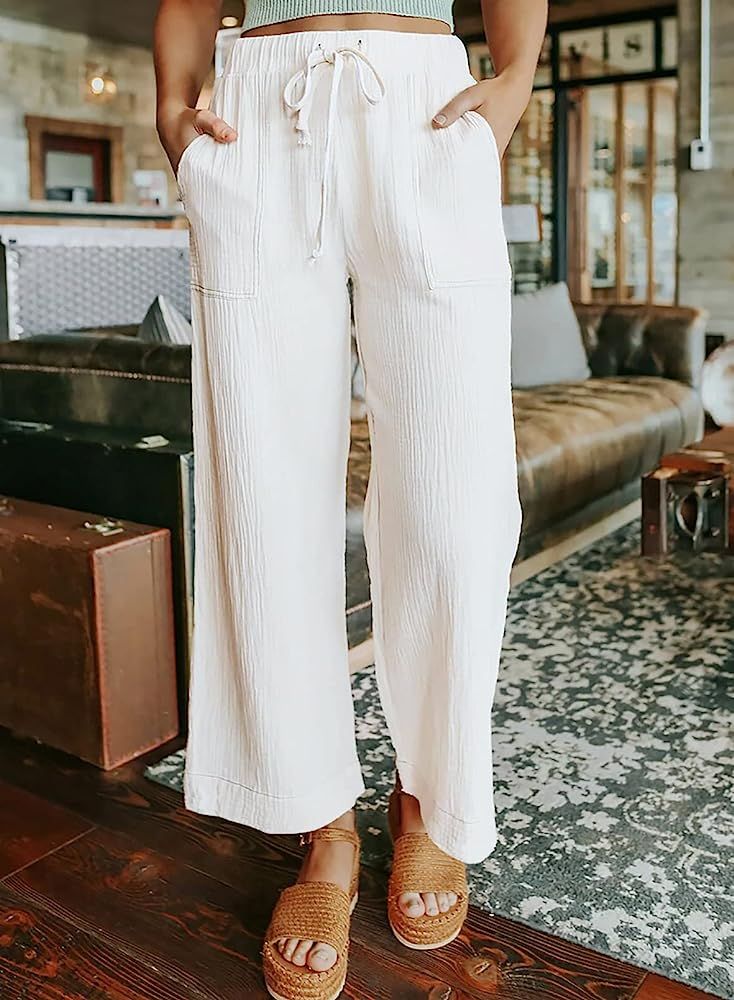 Acelitt Womens Casual Pants Capris Drawstring Elastic Waist Comfy Trousers with Pockets | Amazon (US)