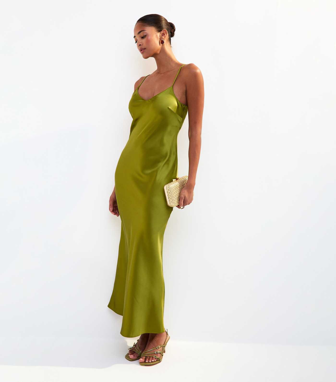 Olive Satin Twist Back Slip Midi Dress | New Look | New Look (UK)