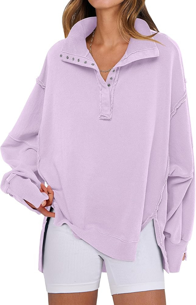 ANRABESS Women's Sweatshirts Oversized Casual Loose Button Up Henley Pullover Top High Low Split ... | Amazon (US)