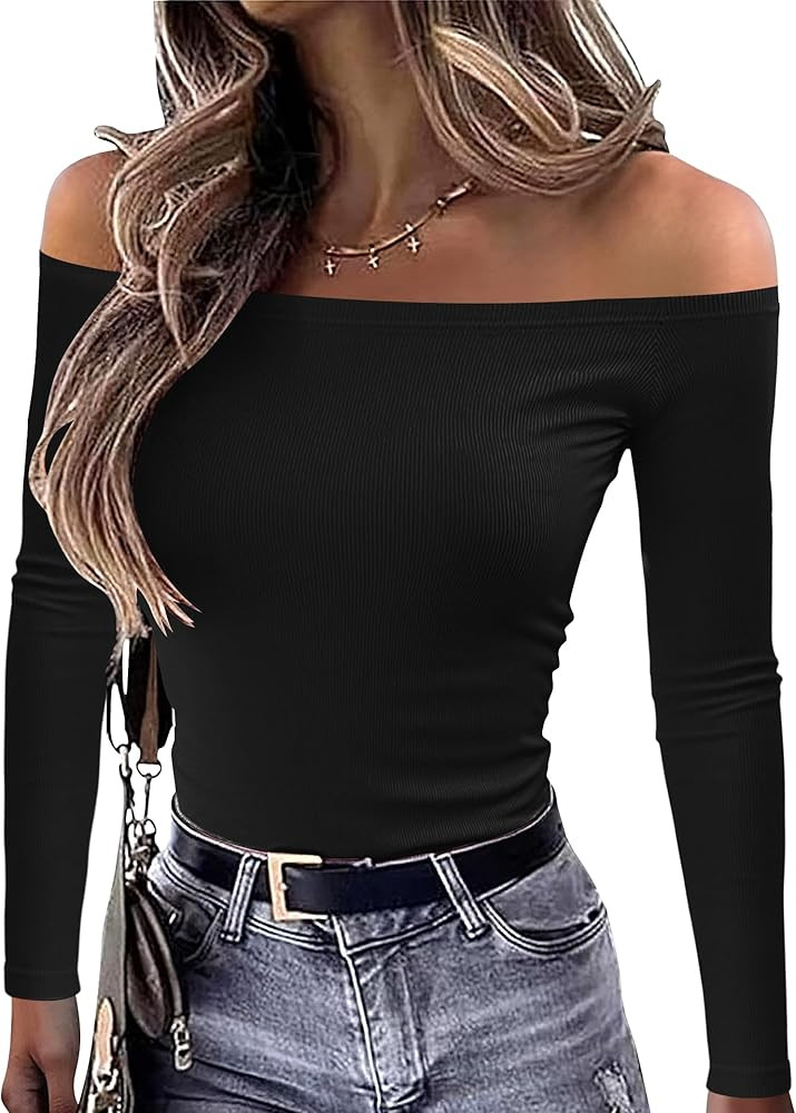 OwnTime Womens Off The Shoulder Tops Sexy Long Sleeve Shirts Fall Ribbed Knit Slim Fit Going Out ... | Amazon (US)