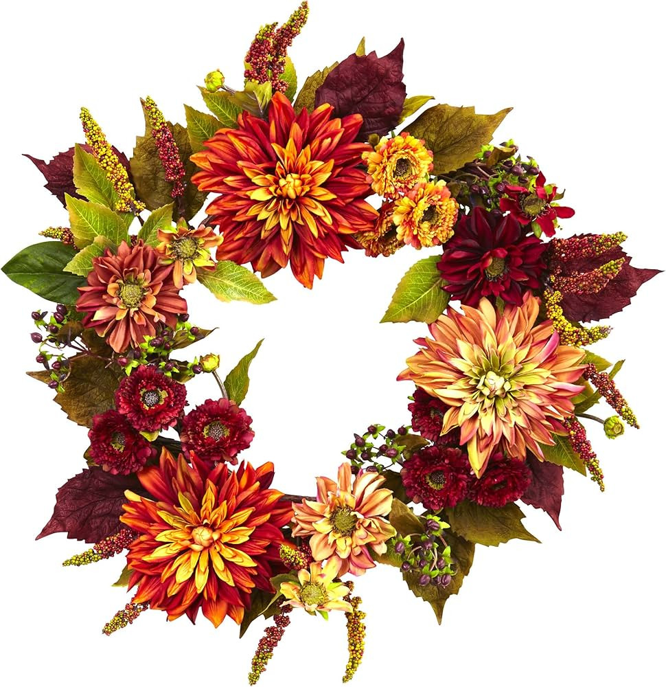 Nearly Natural Dahlia & Mum Wreath, 22", Orange/Brown | Amazon (US)