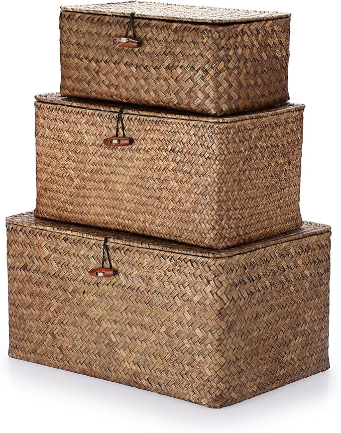 Hipiwe Set of 3 Seagrass Storage Baskets with Lid - Large Woven Wicker Bins | Amazon (US)