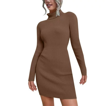 WTXUE Long Sleeve Dress Ladies Autumn Winter Turtleneck Knitted Sweater Dress Long Sleeve Dress Brown Dress Brown M | Walmart (US)