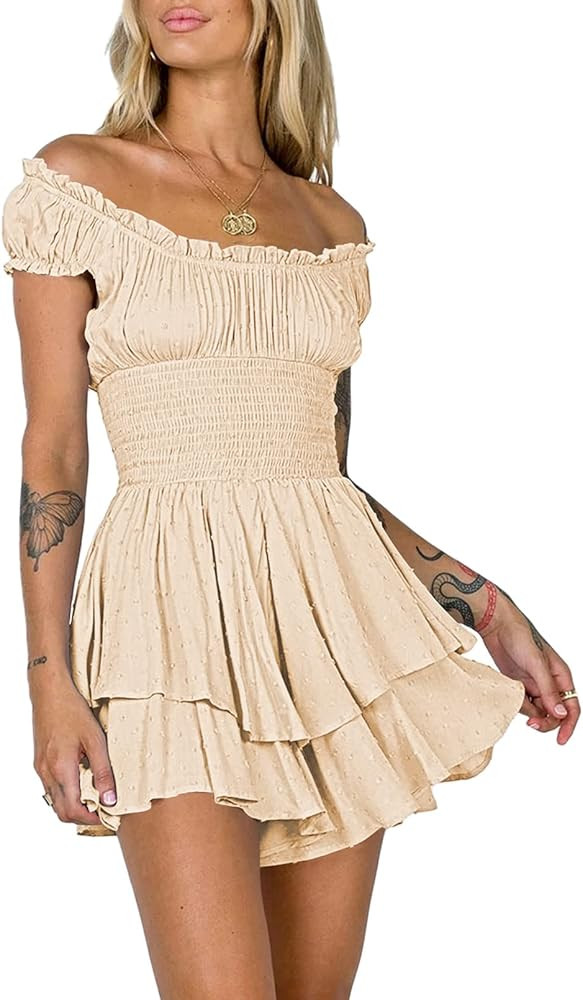 AOHITE Womens Summer Tube Top Dress Off-Shoulder Ruffled Flowy Mini Short Dresses | Amazon (US)