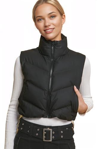 Love Tree Women's Juniors Cropped Faux Leather Puffer Vest (Black, Small) | Amazon (US)