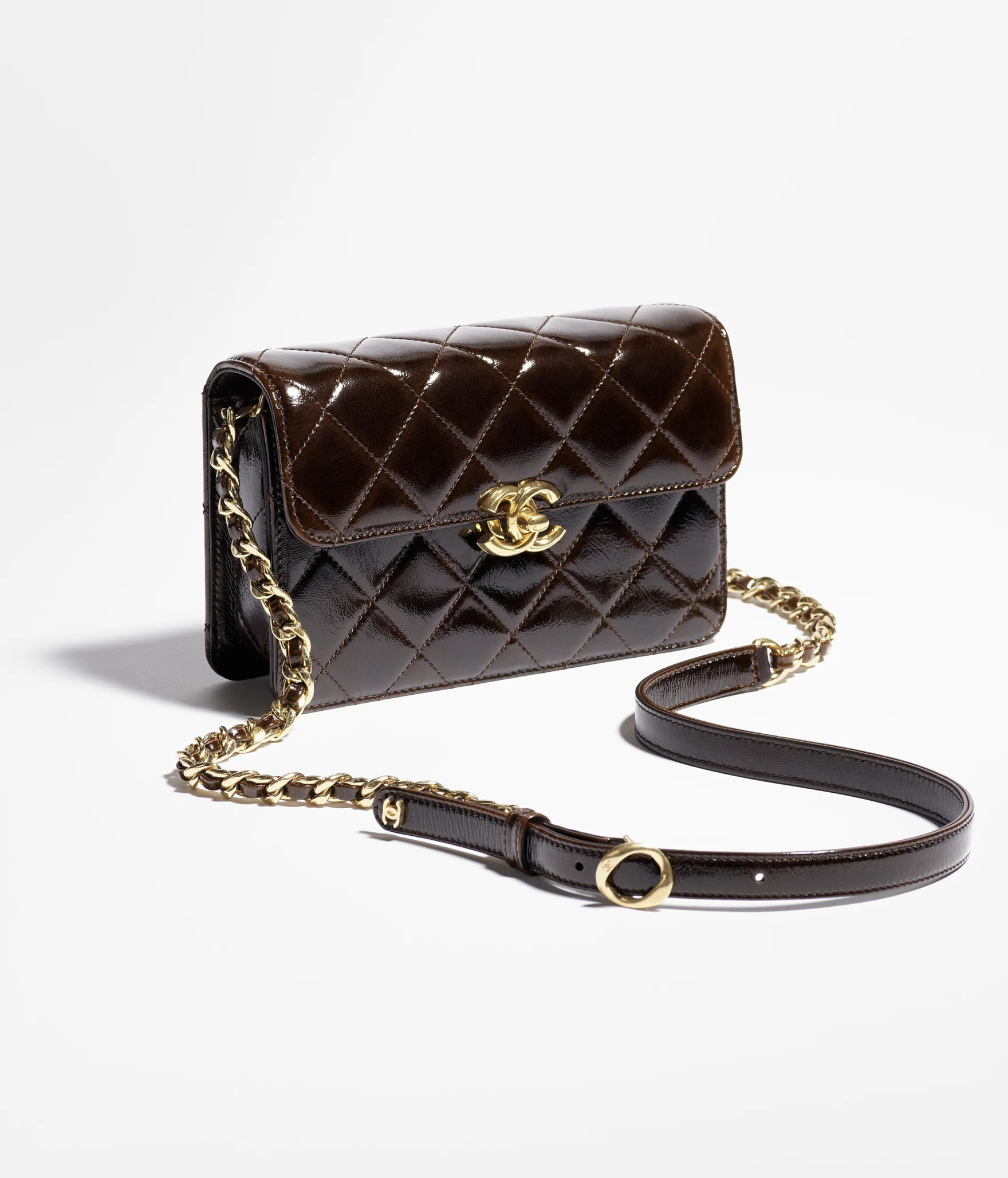Mini flap bag, Patent lambskin & gold-tone metal, dark brown — Fashion | CHANEL | Chanel, Inc. (US)