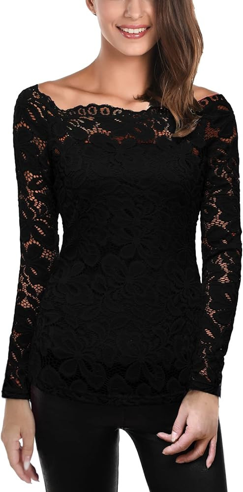 DJT Women Off Shoulder Tops Sexy Floral Lace Long Sleeve Slim Fit Tops T-Shirt Dressy Casual Part... | Amazon (US)