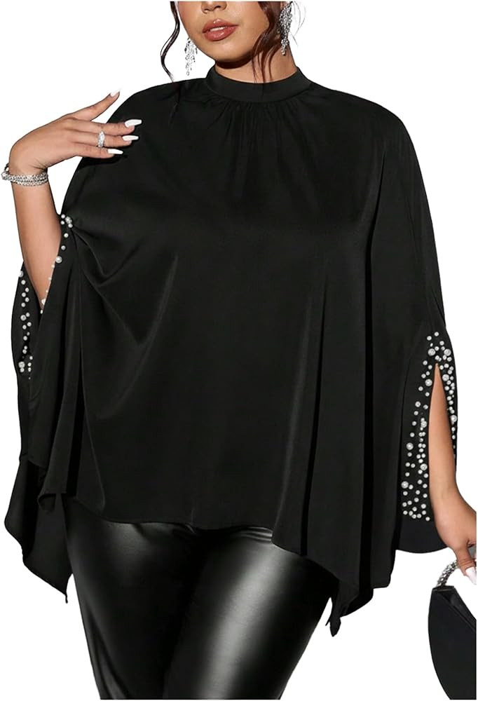 BEAUDRM Women's Plus Size Pearl Shirts Glitter Cloak Sleeve Mock Neck Poncho Going Out Date Night... | Amazon (US)