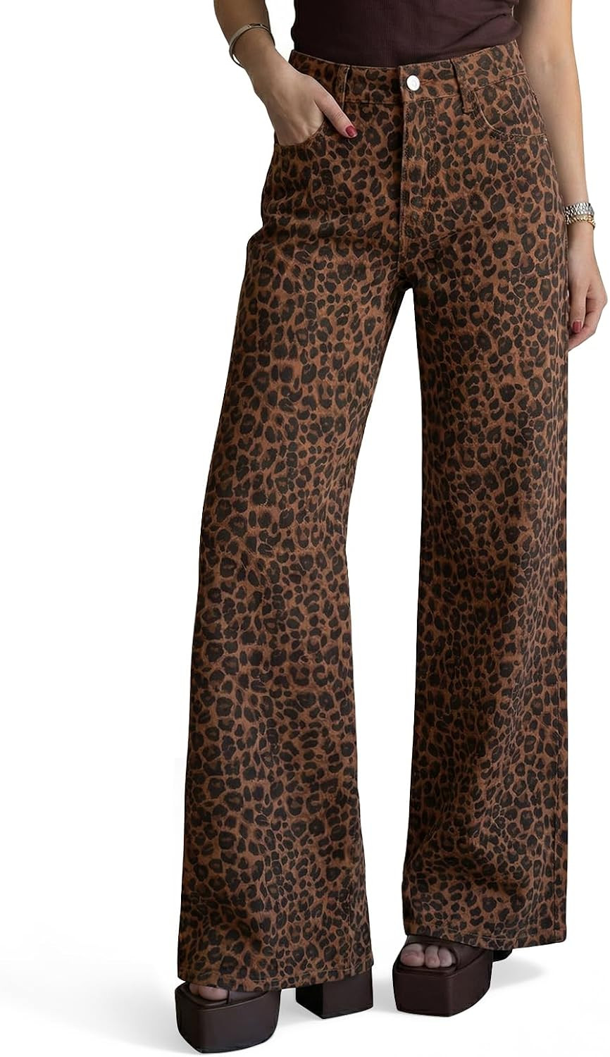 Cicy Bell Womens Wide Leg High Waisted Leopard Baggy Stretchy Jeans | Amazon (US)