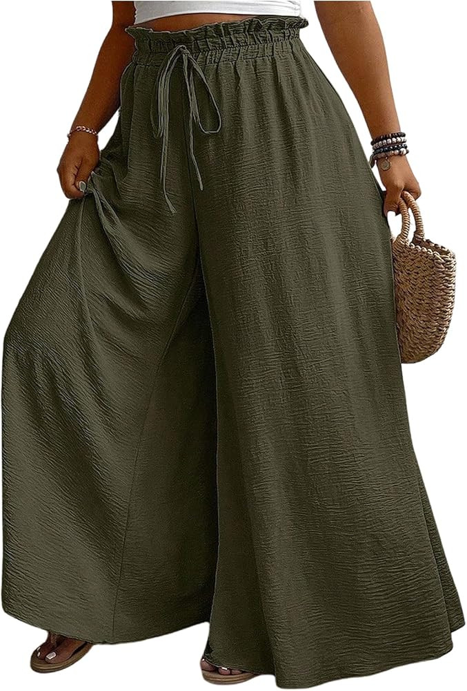 Women's Plus Size Palazzo Pants Elastic High Waisted Wide Leg Loose Trousers | Amazon (US)