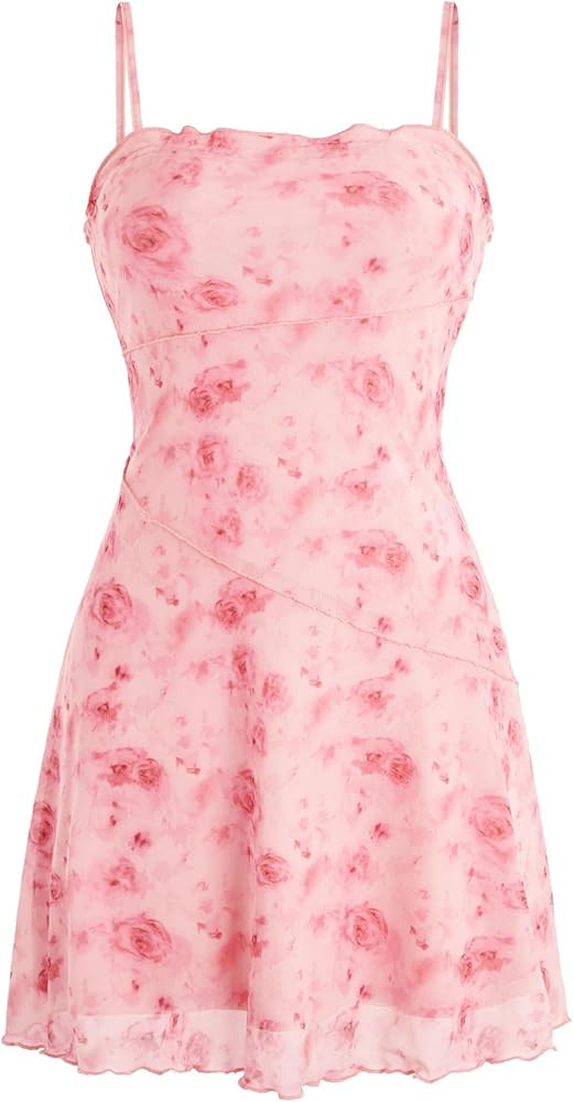Verdusa Women's Mini Dress Floral Spaghetti Strap Mesh Dresses Going Out Festival Concert Outfits... | Amazon (US)