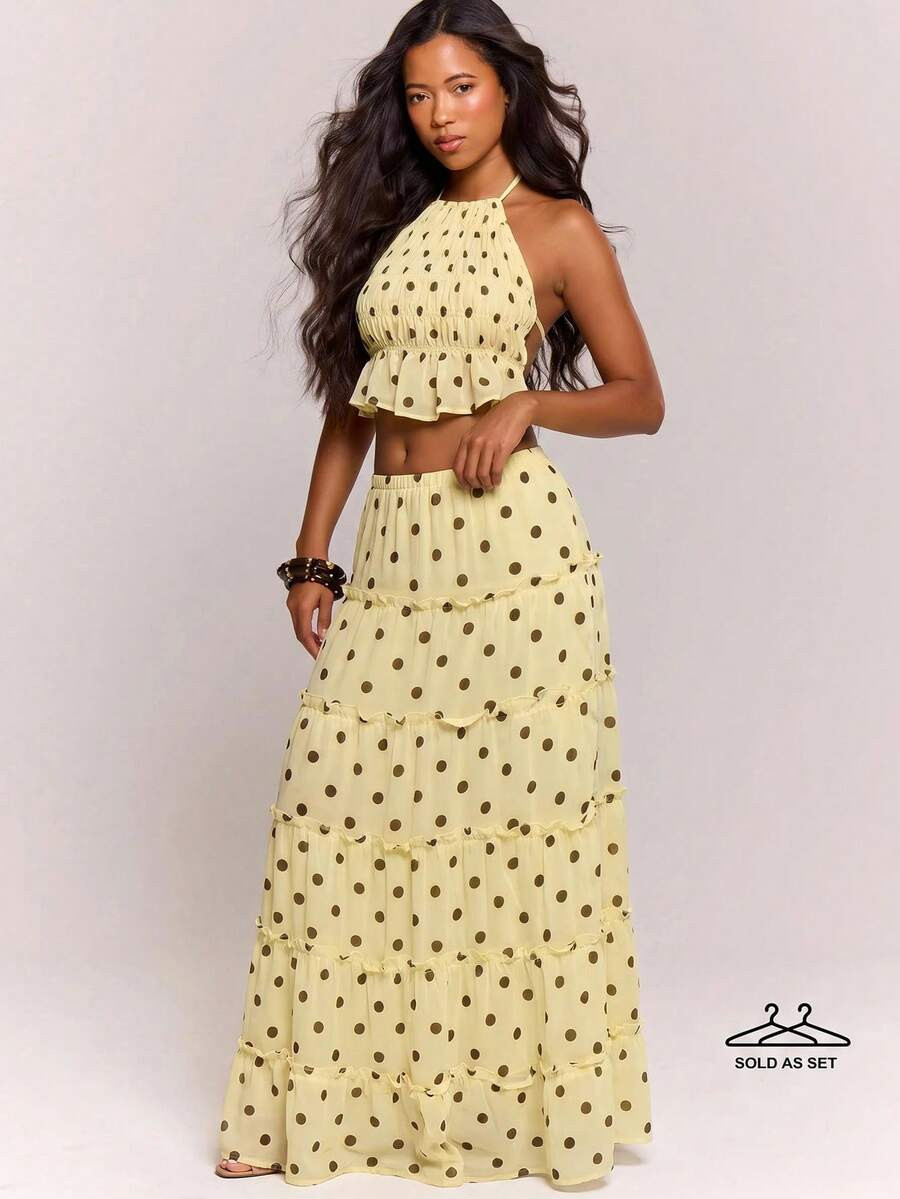 MUSERA Chiffon Animal Print Frill Cinched Hem Open Back Top Maxi Skirt Set Date Night Spring Summ... | SHEIN