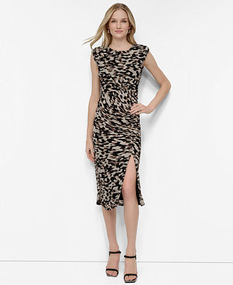 DKNY Women's Printed Mesh Ruched Bodycon Midi Dress - Macy's | Macy's