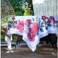Linen Tablecloth Rose Floral Print, Hemstitched Lace, Summer Table Decor | Etsy (US)