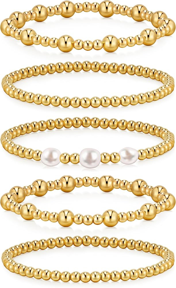 Gold Bracelets for Women, 5 Piece 14K Gold Plated Bracelet Stack Beaded Ball Jewelry Sets Gifts f... | Amazon (US)