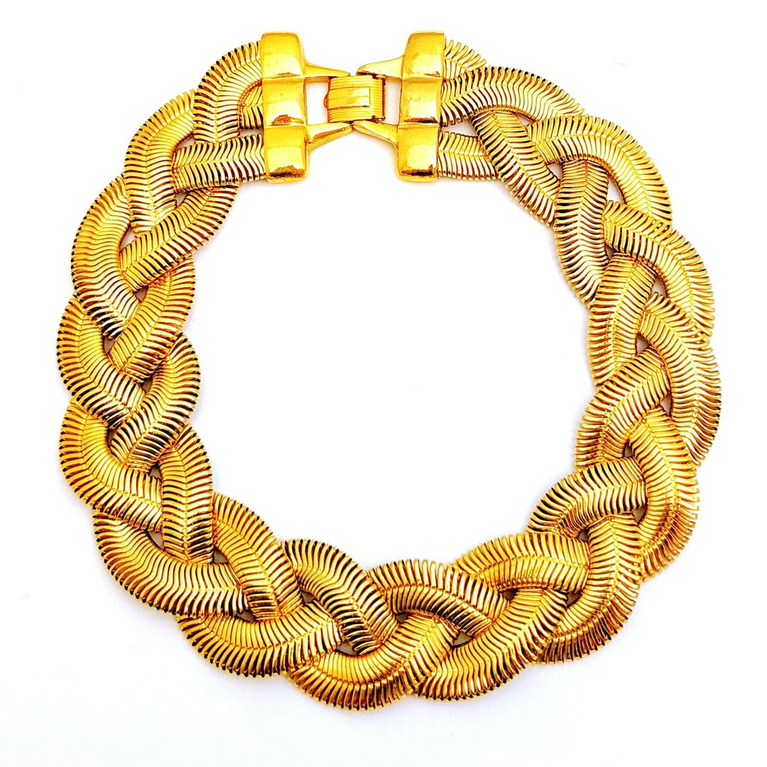 Vintage Gold Tone Three Strand Chunky Woven Choker Necklace, Thick Braided Gold Tone Short Chain ... | Etsy (US)