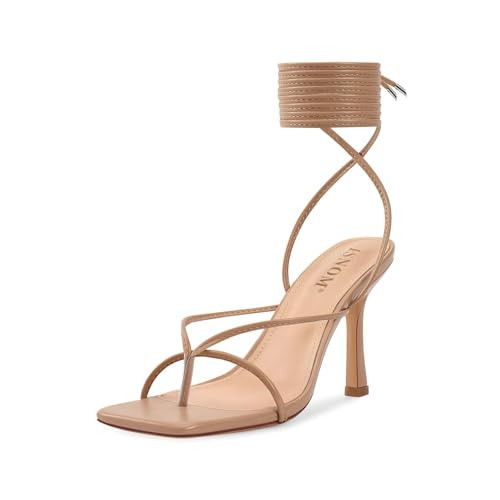 ISNOM Nude Lace Up Sandals - Women's Strappy Tie Up High Heels with Square & Open Toe - Thong Heels in Nude | Amazon (US)