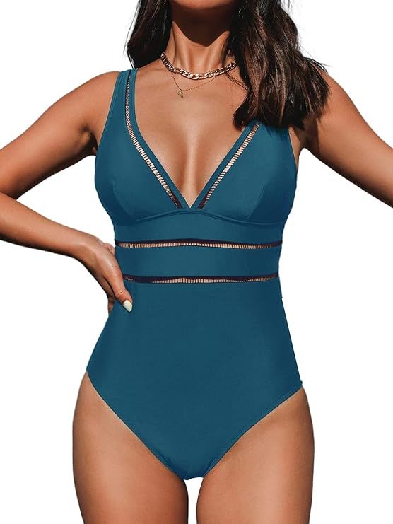 CUPSHE Women's One Piece Swimsuit V Neck Adjustable Wide Straps Ladder Trim Low Back | Amazon (US)