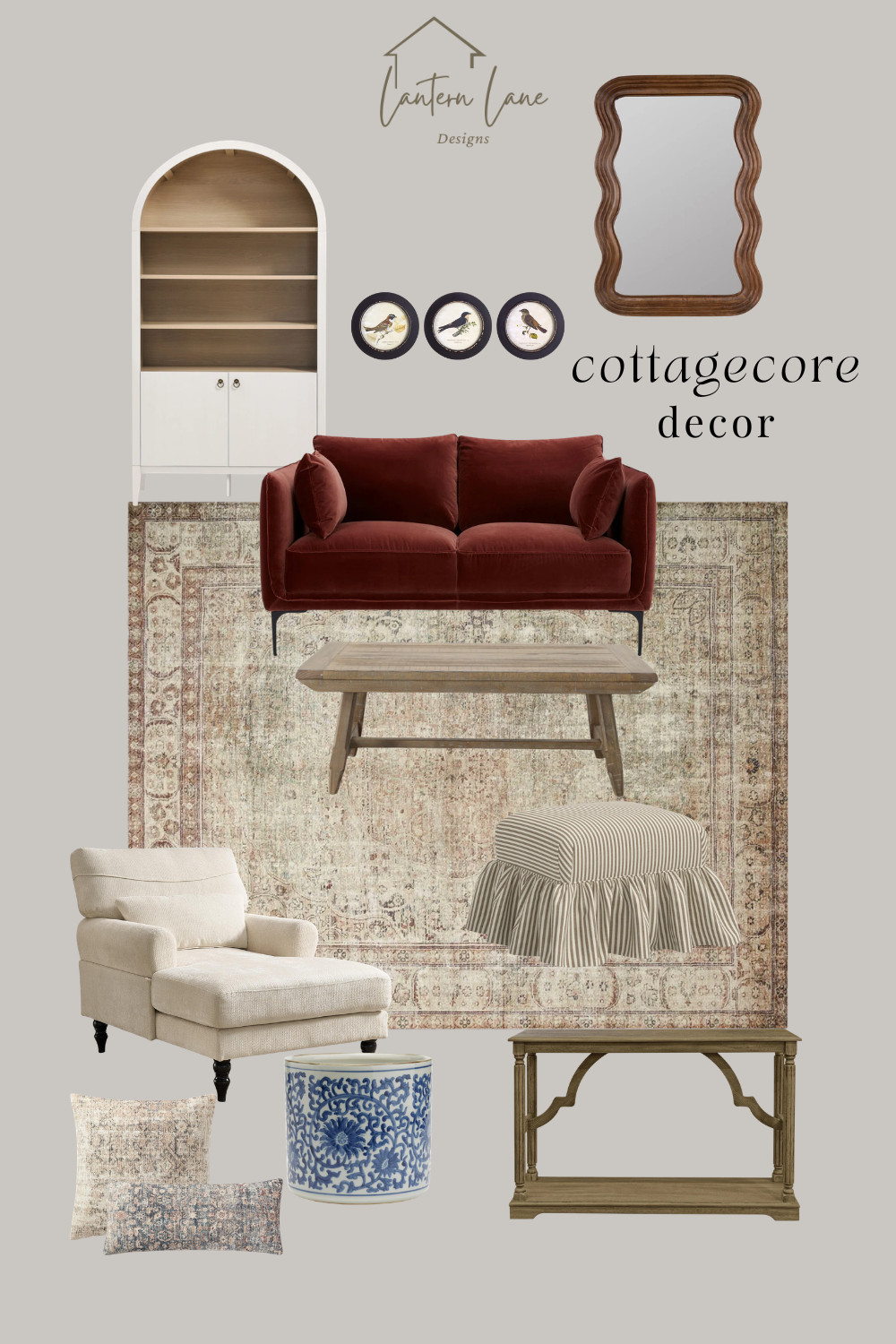 Cottagecore home decor. Love this whole mood board. 

arched cabinet, velvet sofa, red sofa, ruffled ottoman, settee, blue and white vase, wood mirror 

 #LTKHome #LTKSaleAlert