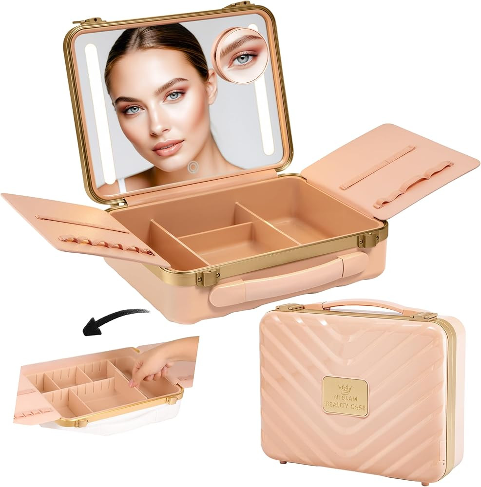 Travel Makeup Case with LED Mirror - Durable Makeup Case with Lighted Mirror with 3 Adjustable Li... | Amazon (US)