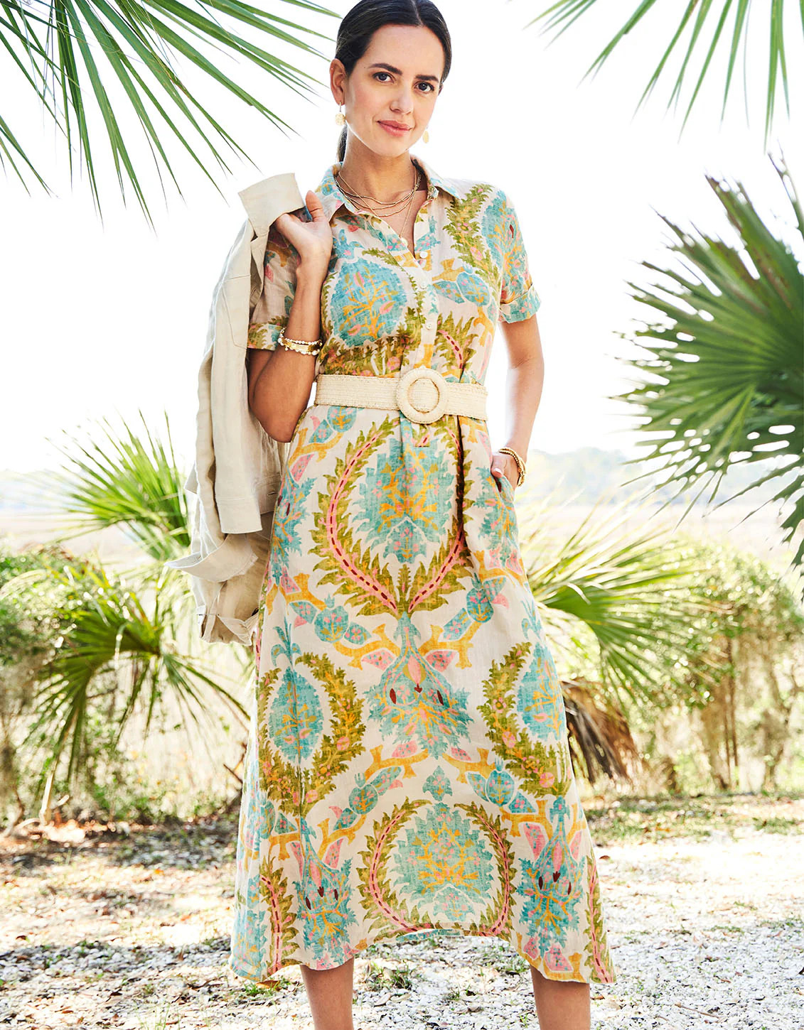 Maryam Linen Midi Dress Sugar Mill Damask Flax | Spartina 449