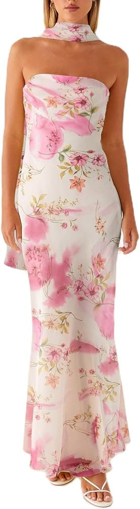 Womens Floral Strapless Dress Y2k Backless with Scarf Tube Maxi Long Dresses Sexy Mesh Bodycon Be... | Amazon (US)