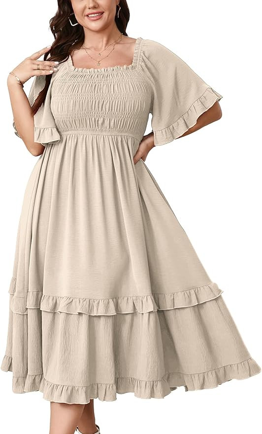 SCOMCHIC Women's Plus Size Maxi Dresses Summer Short Sleeve Square Neck Smocked Wedding Guest Coc... | Amazon (US)