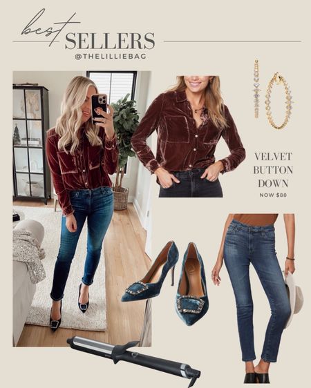 Bestseller: Velvet button down. On sale! GHD curling iron lowest price I’ve seen. Love these jeans - also on sale. Velvet heels. Holiday outfit. Winter date night  

#LTKHoliday #LTKunder100 #LTKsalealert