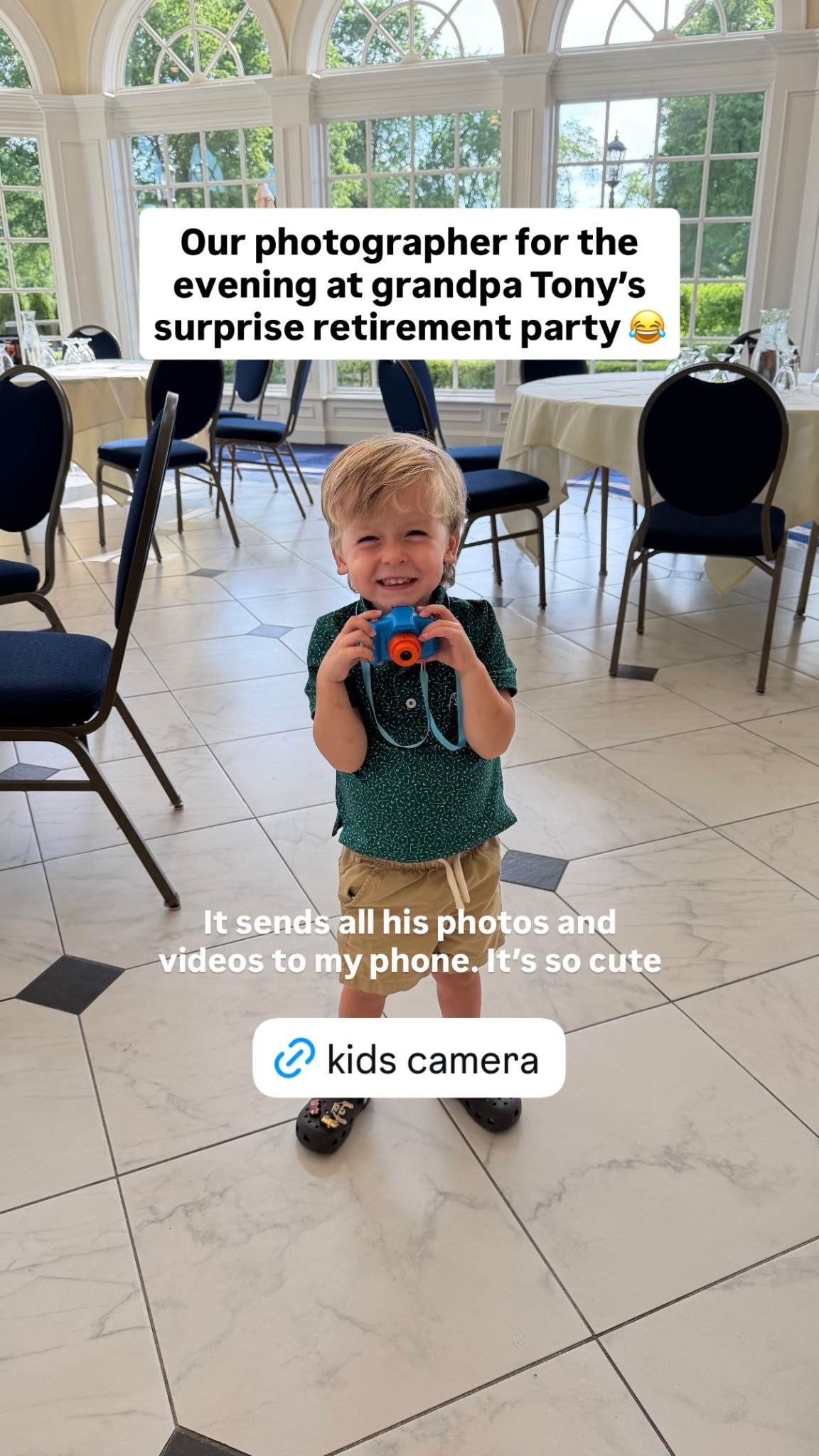 Our photographer for the evening at grandpa Tony’s surprise retirement party 😂 It sends all his photos and videos to my phone. It’s so cute

#LTKmomlife #LTKKids #LTKSaleAlert