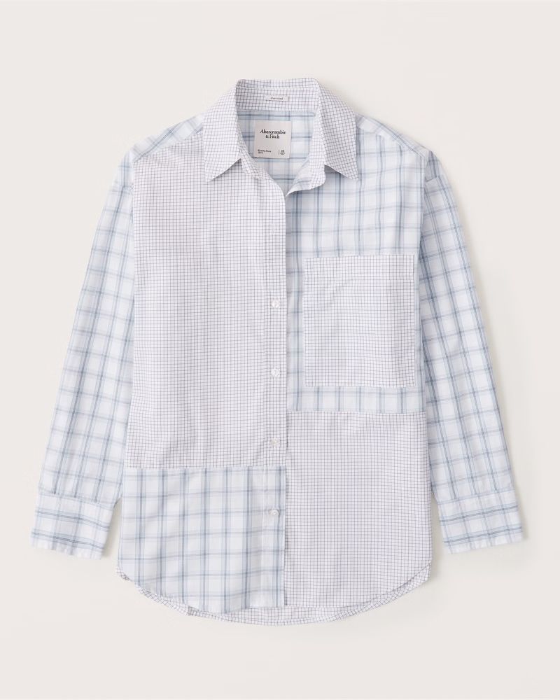 Abercrombie & Fitch Women's Oversized Poplin Spliced Striped Button-Up Shirt in Light Blue Check - S | Abercrombie & Fitch (US)