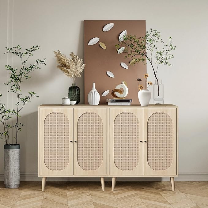 QHITTY Rattan Sideboard Buffet Cabinet, Accent Kitchen Storage Cabinet Console Table with Adjusta... | Amazon (US)