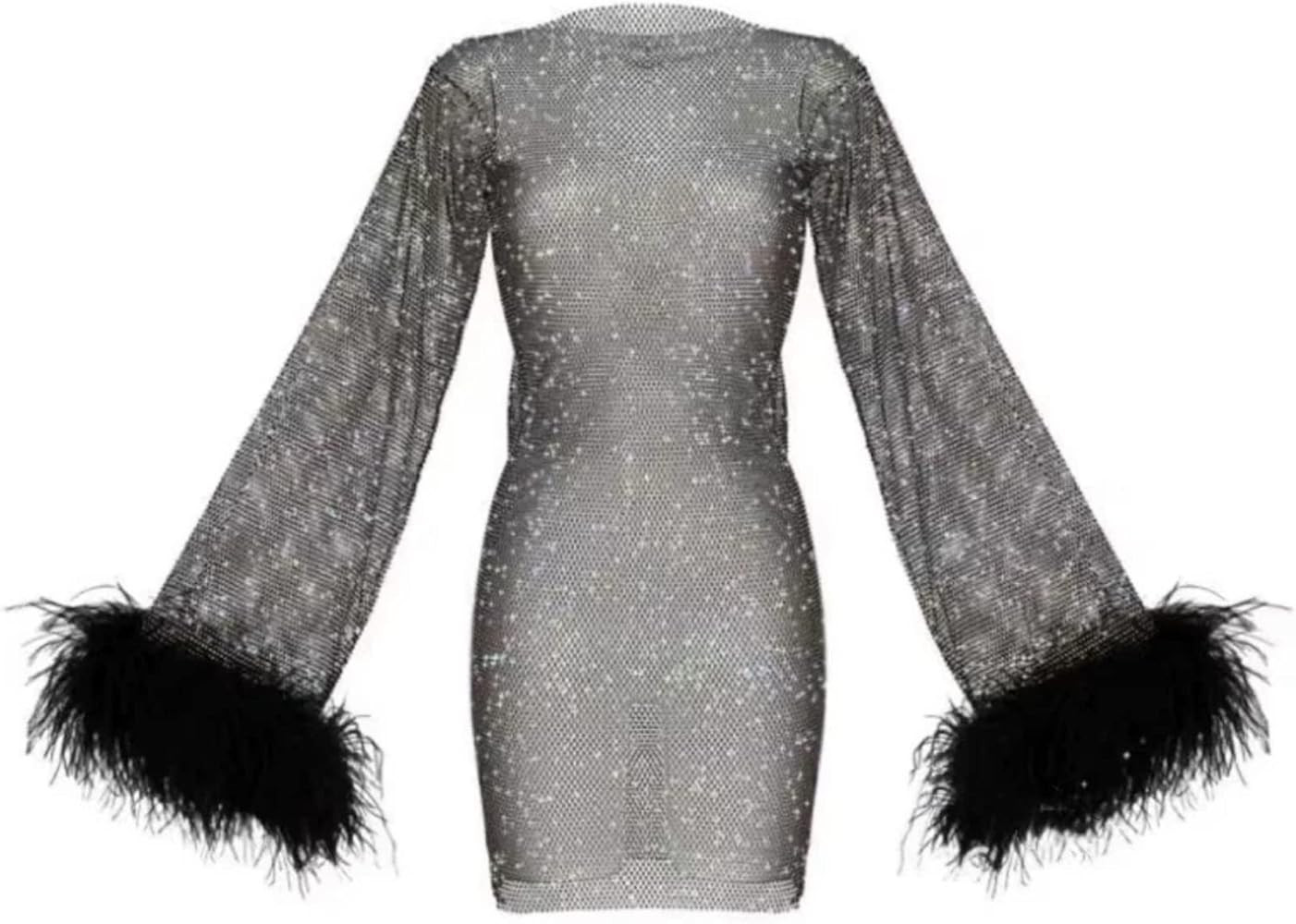 MY-03 Sexy Shiny Fishnet Dress for Women with Real Ostrich Feather Hair Shining Rhinestone See Th... | Amazon (US)