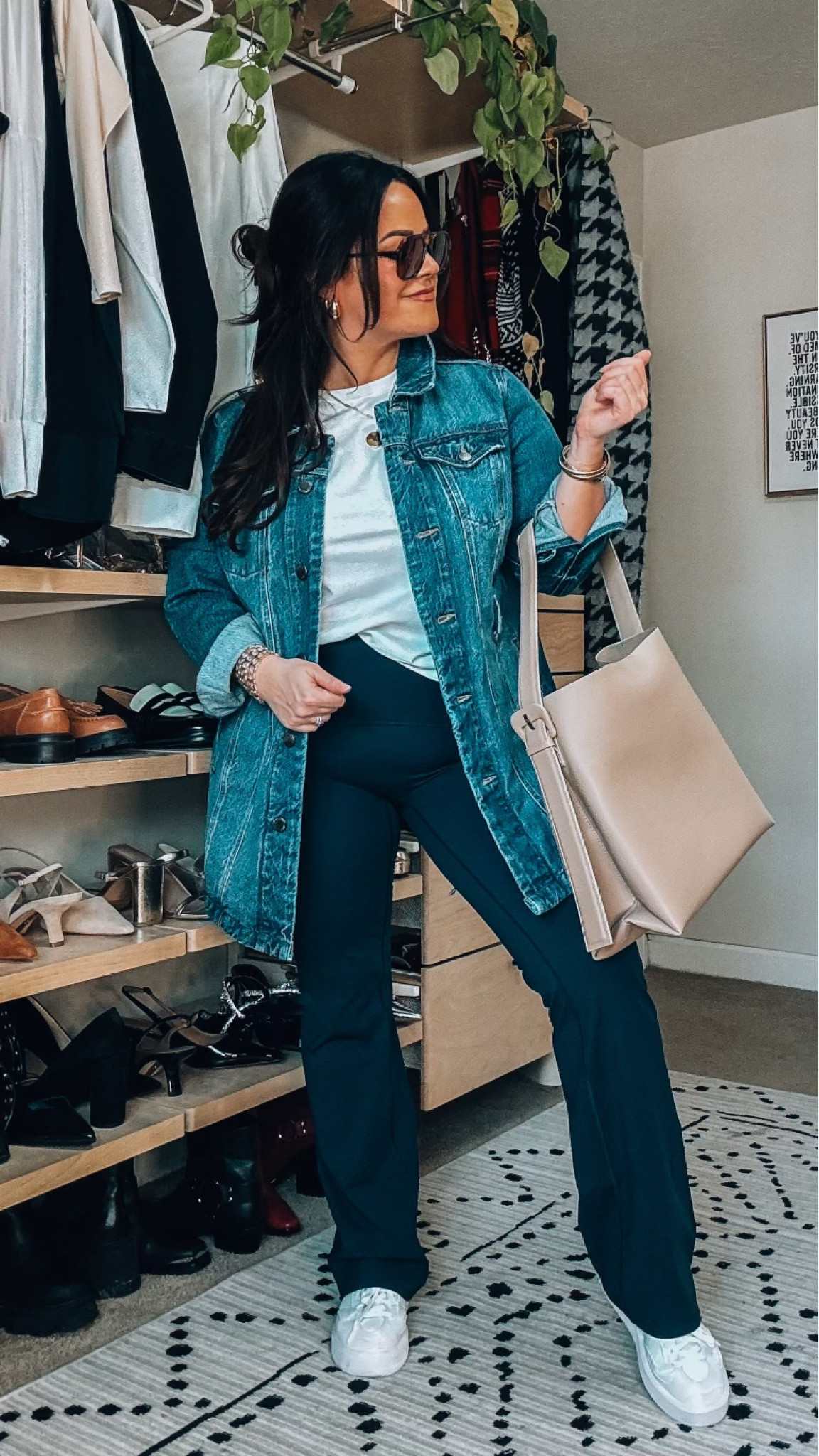 Tummy support Flared yoga pants 70% off! Wearing an xl 
Tee everlane xl 
Jean jacket is lane Bryant large 
Sneakers tts 
Bag is anthro 

#LTKstyletip #LTKmidsize #LTKSeasonal