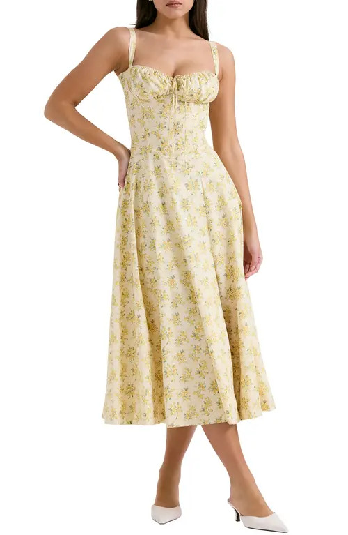 HOUSE OF CB Carmen Bustier Sundress in Yellow Floral Print at Nordstrom, Size Large A | Nordstrom