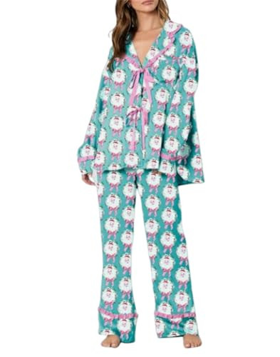 Faretumiya Cute Christmas Pajamas Women Bow Tie Long Sleeve Shirt Pants Pj Set Xmas Graphic Print 2 Piece Satin Sleepwear(Santa Claus Blue,Small) | Amazon (US)