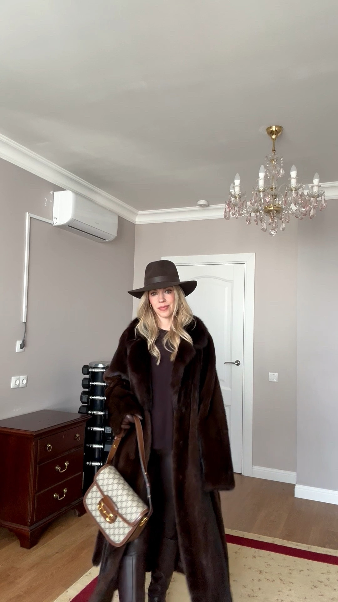 Brown fur coat, dark brown faux leather leggings, monochrome chocolate brown outfit, dark brown wool hat, lug sole boots, Gucci handbag

#LTKootd #LTKSaleAlert #LTKOver40