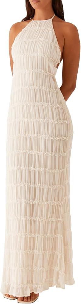 Women's Sexy Backless Smocked Maxi Dress Ruched Bodycon Flowy Beach Long Dress Vacation Casual Su... | Amazon (US)