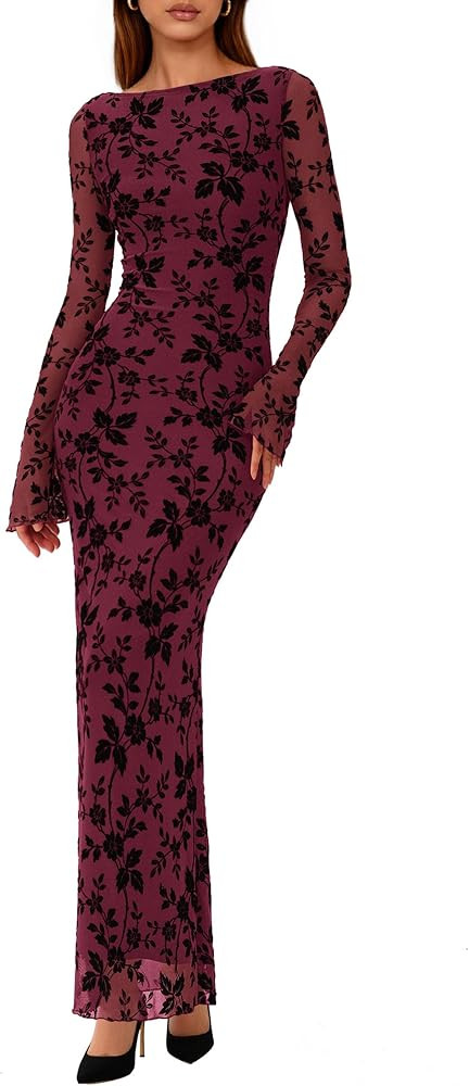 PRETTYGARDEN Women's Floral Bodycon Maxi Dress 2025 Fall Elegant Mesh Long Sleeve Formal Wedding ... | Amazon (US)